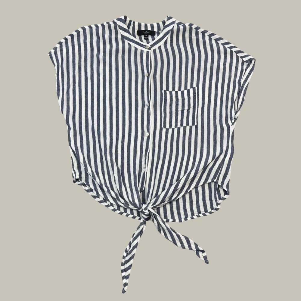 Lulus Navy Blue White Striped Tie Front Button Up Top Sleeveless M 27197LTH